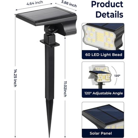 Solar outdoor lights waterproof 60 LED landscape spotlight garden pathway yard - Picture 2 of 7